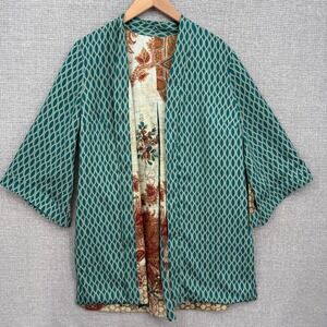 Chicos Kimono Jacket Boho Paisley Floral Reversible Teal Sz 12/14 Art Statement‎